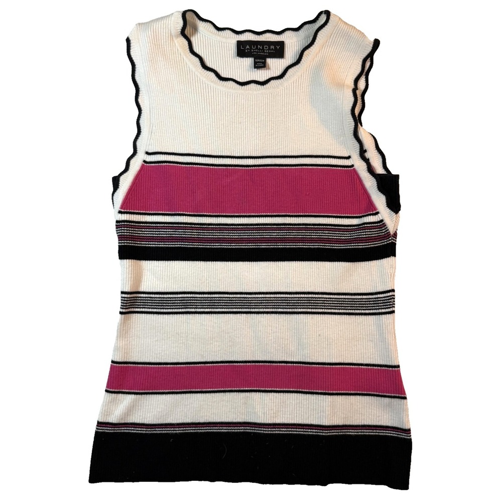 Laundry Shelli Segal Womens S Pink White Striped Ruffle Knit Tank Y2K Coquette